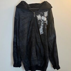 Affliction Black Zip Hoodie with White Skull Print